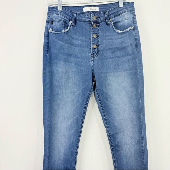 KanCan Estilo Blue Medium Wash Factory Frayed High Waist Button Skinny Jeans - Picture 2 of 16